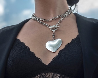 Long Silver Oversized Heart Necklace• Oval Bold Stainless Steel Chain Love Pendant• Statement Chunky Link Chain Choker