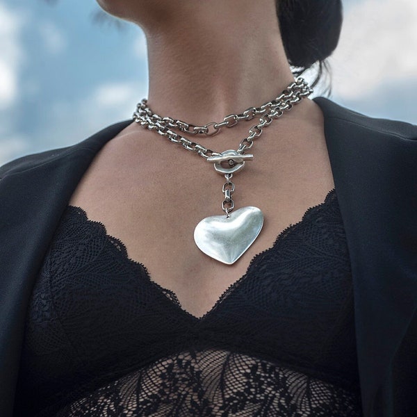 Long silver oversized heart necklace, oval bold stainless steel chain love pendant, statement chunky link chain choker, christmas gift