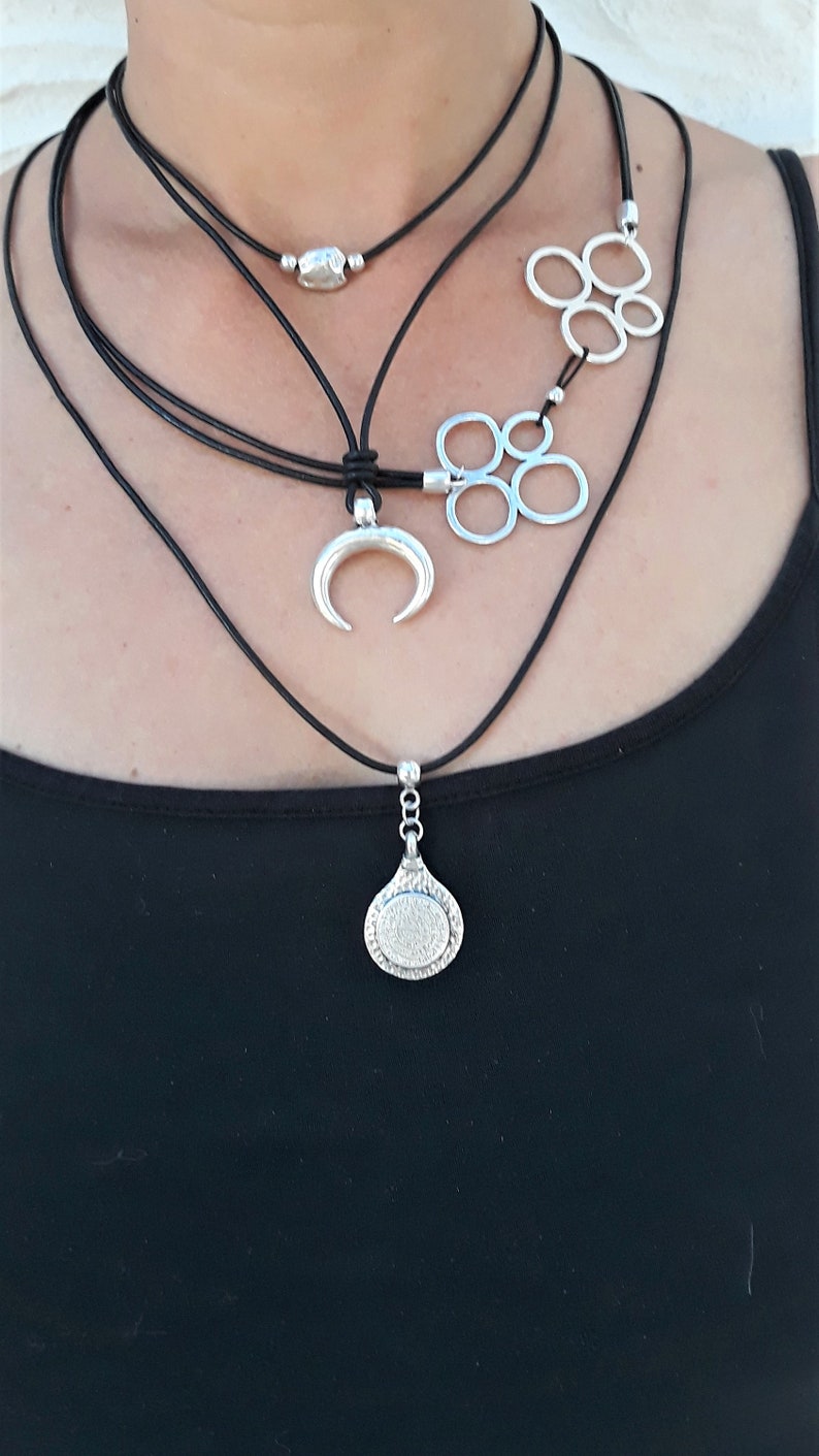 hammered beads necklace womens minimal horn pendant leather ethnic beaded choker Double strands short leather cord necklace gift idea