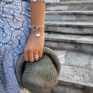 Lock and key bold chain bracelet, silver t clasp locket heart bracelet, modern uno de 50 style chain cuff, womens chunky padlock bracelet