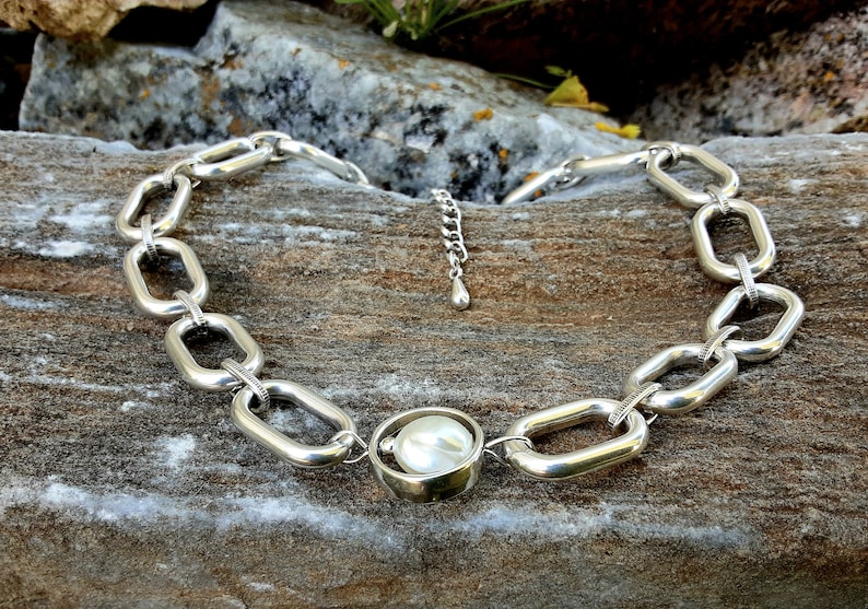 Chunky thick link chain with pearl charm adjustable choker, simple and elegant oval link necklace, modern antique silver bold chain choker image 7