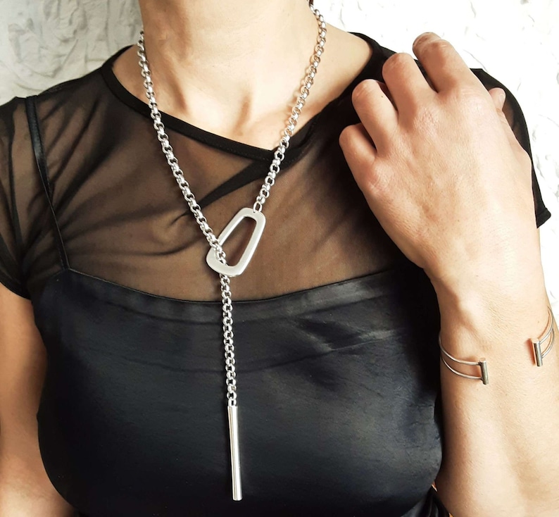 Long bar silver large pendant, womens statement silver bold Y necklace, unique chunky chain adjustable lariat necklace, Christmas gift image 3