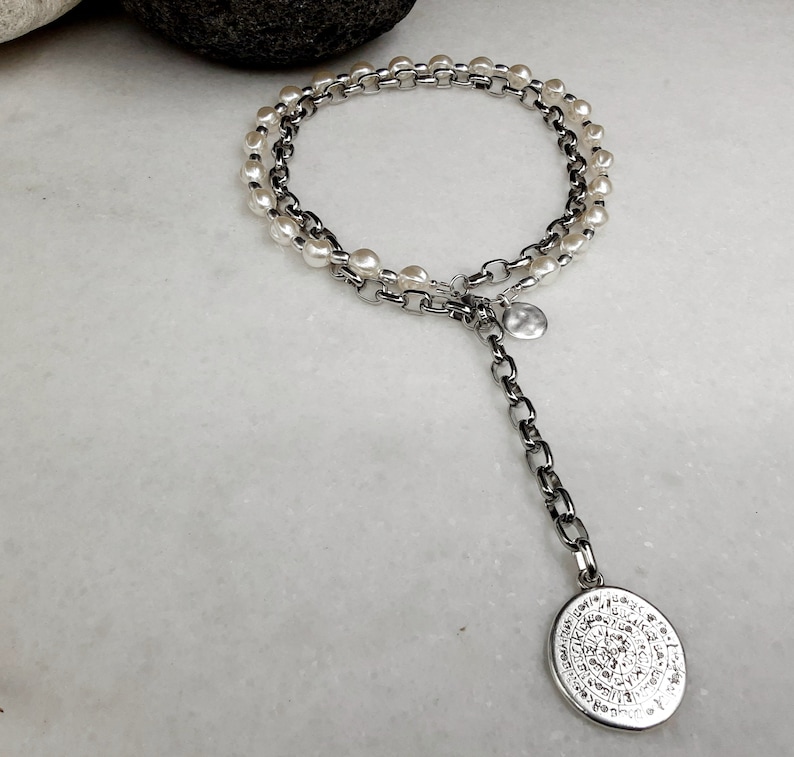 Antique silver chain and pearls round id charm necklace, glamour rock bold link chain phaistos disc large coin pendant, mothersday gift image 7