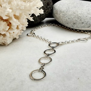 Statement o rings silver links and chain necklace, rock style adjustable lariat necklace, comfortable rings pendant long necklace, gift idea image 2
