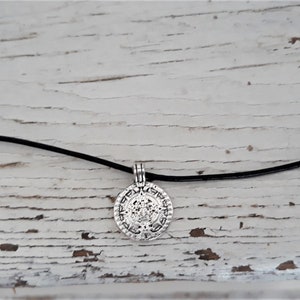 Mens mayas disc leather necklace, adjustable ethnic style necklace, mens round silver pendant, engraved antique silver coin pendant, gift