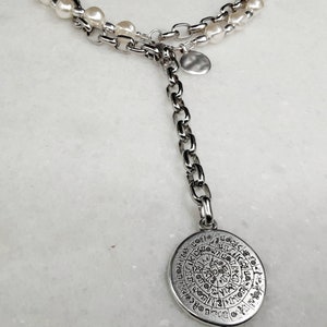 Antique silver chain and pearls round id charm necklace, glamour rock bold link chain phaistos disc large coin pendant, mothersday gift image 4