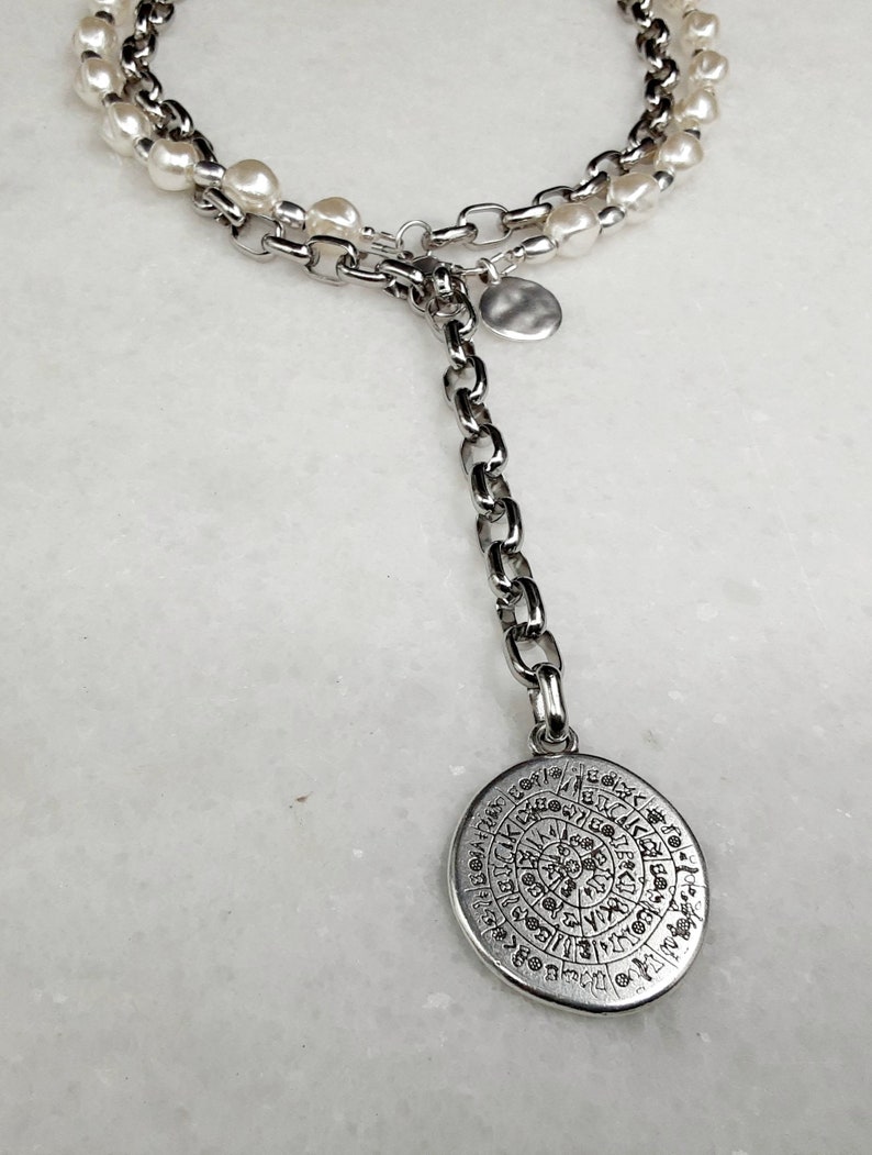 Antique silver chain and pearls round id charm necklace, glamour rock bold link chain phaistos disc large coin pendant, mothersday gift image 4