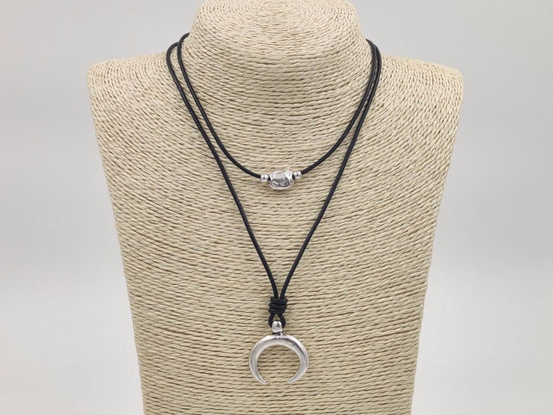 hammered beads necklace womens minimal horn pendant leather ethnic beaded choker Double strands short leather cord necklace gift idea