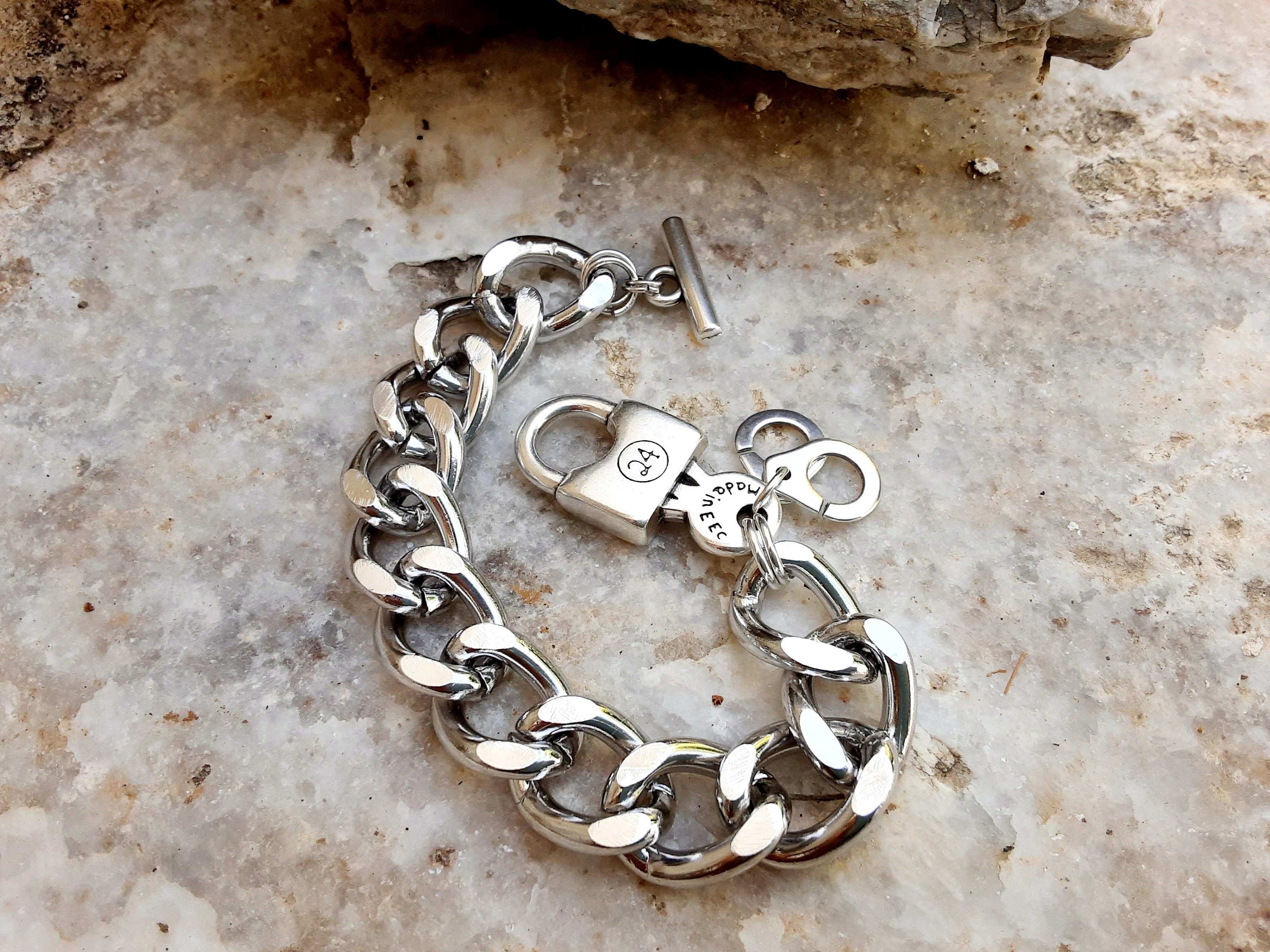 Lock Enc Keychain Lock and Key Thik Chain Bracelet• Womens Silver Handcuffs Charm ...