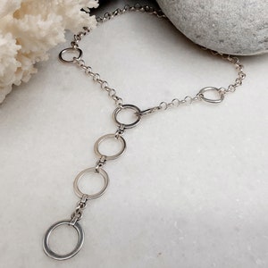 Statement o rings silver links and chain necklace, rock style adjustable lariat necklace, comfortable rings pendant long necklace, gift idea image 4