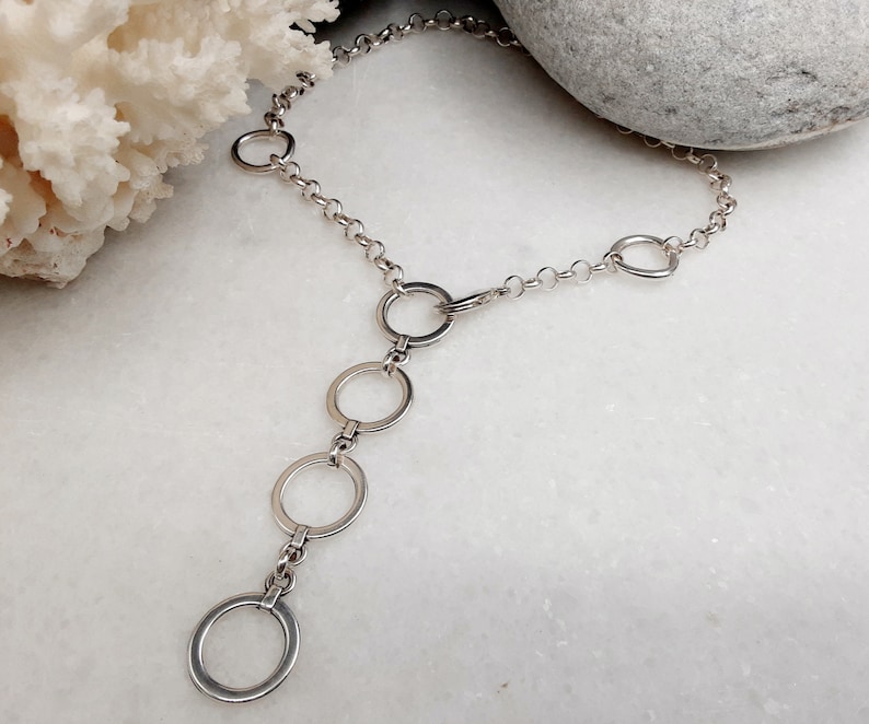 Statement o rings silver links and chain necklace, rock style adjustable lariat necklace, comfortable rings pendant long necklace, gift idea image 4