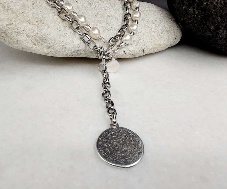 Antique silver chain and pearls round id charm necklace, glamour rock bold link chain phaistos disc large coin pendant, mothersday gift image 2