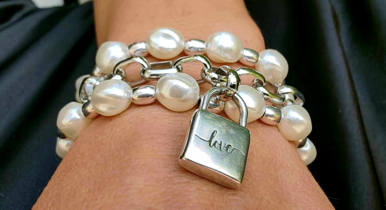 Antique silver chain and pearls charm wrap bracelet, love padlock cute bracelet, glamour lock charm bold link chain pearl bracelet, gift image 9