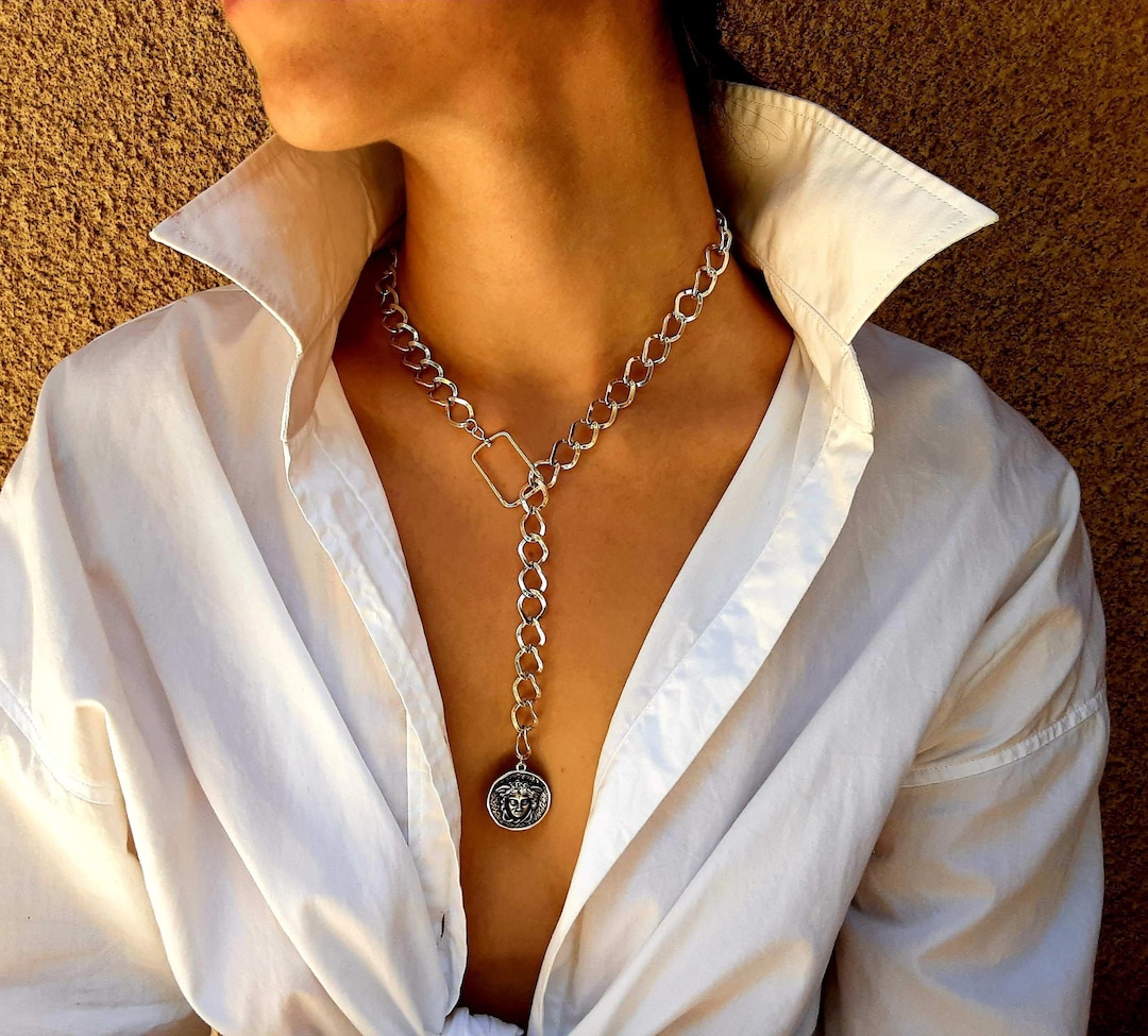 Medusa Chunky Chain Lariat Necklace Silver Curb Chain Engraved Medusa Pendant Ancient Greek Gorgon Adjustable Necklace Christmas Gift Etsy