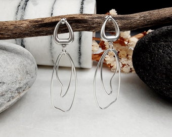Abstract  shape dainty line silver earrings,  geometric sharp contemporary asymmetrical dangle earrings,  mismatched drop earrings, gift