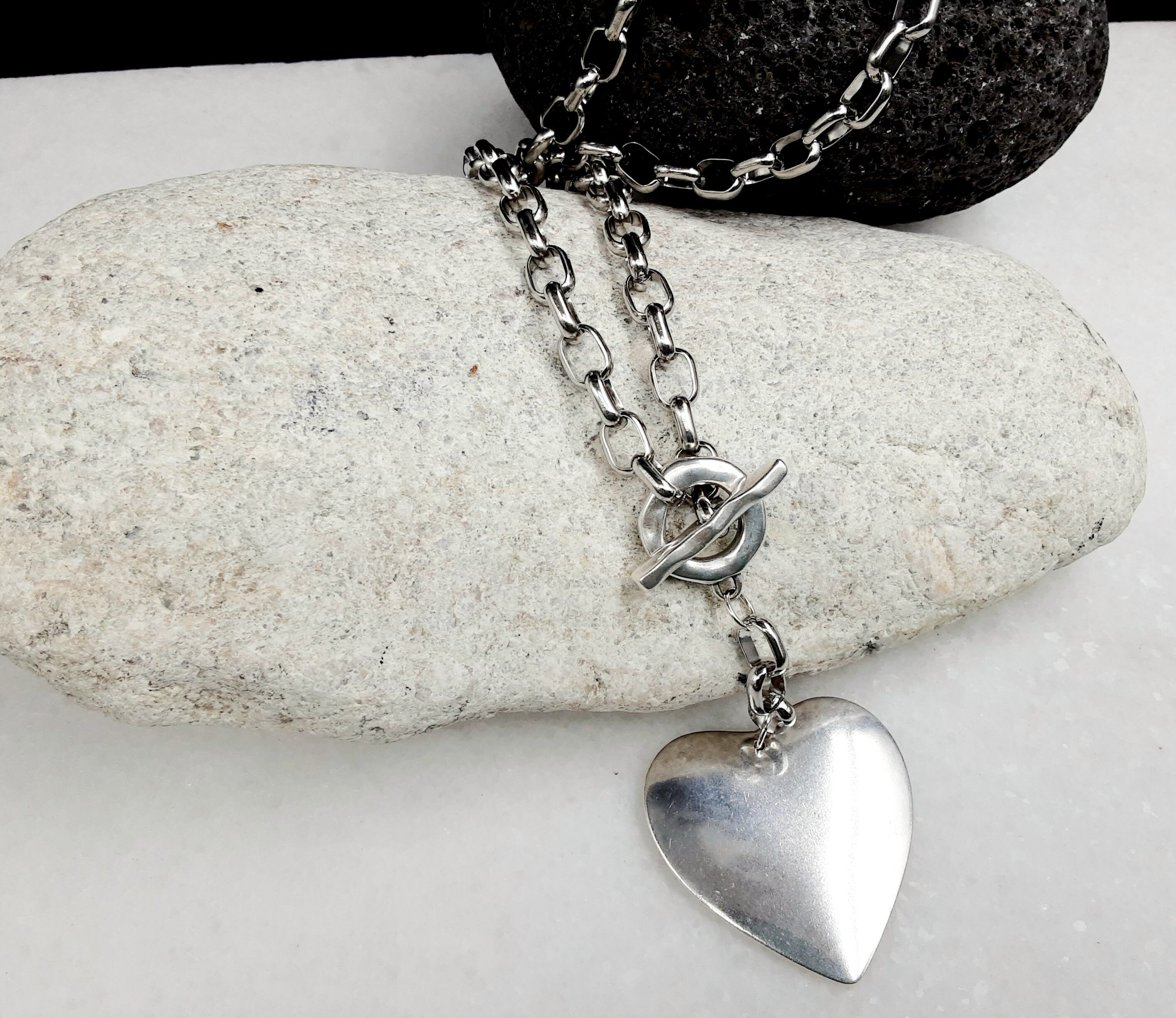 Long Silver Oversized Heart Necklace, Oval Bold Stainless Steel Chain Love Pendant, Statement Chunky Link Chain Choker, Christmas Gift