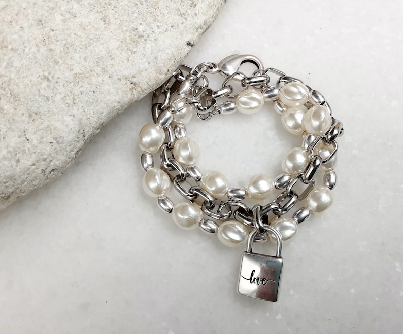 Antique silver chain and pearls charm wrap bracelet, love padlock cute bracelet, glamour lock charm bold link chain pearl bracelet, gift image 2