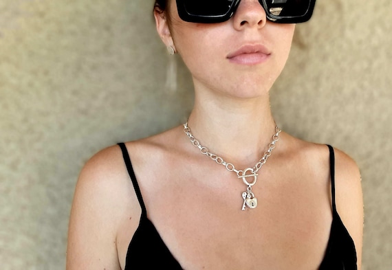 Lock and Key Chain Necklace, Silver Padlock Heart Pendant