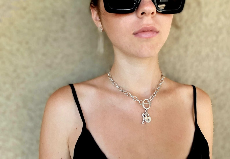 Lock and Key Chain Necklace, Silver Padlock Heart Pendant image 1
