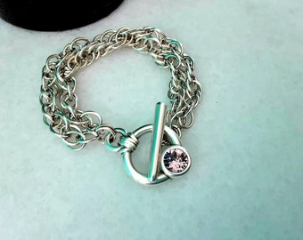 Swarovski Kristall Gliederkette Armband, versilberte T-Verschluss Manschette