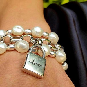 Antique silver chain and pearls charm wrap bracelet, love padlock cute bracelet, glamour lock charm bold link chain pearl bracelet, gift image 4