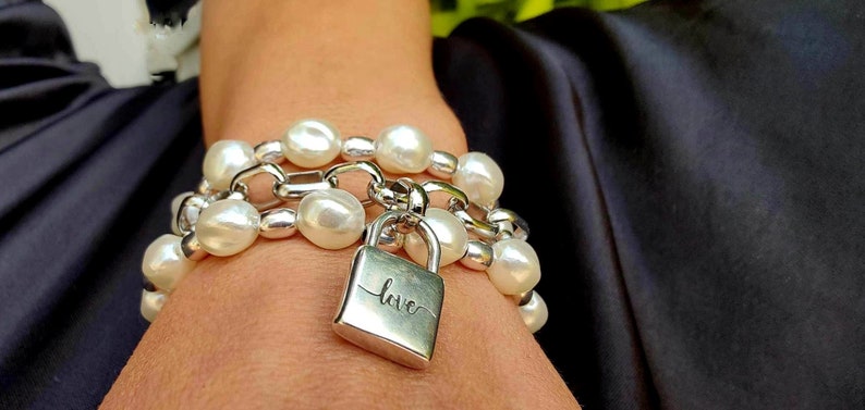 Antique silver chain and pearls charm wrap bracelet, love padlock cute bracelet, glamour lock charm bold link chain pearl bracelet, gift image 4