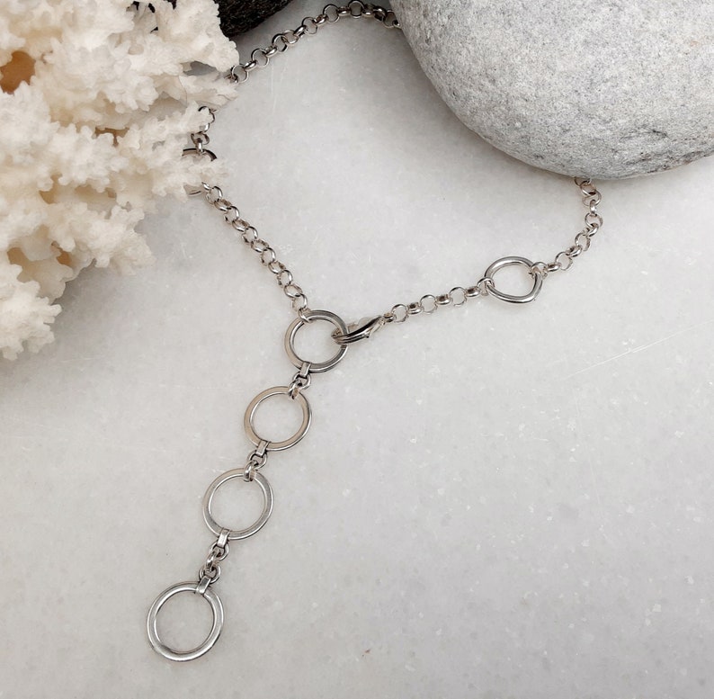 Statement o rings silver links and chain necklace, rock style adjustable lariat necklace, comfortable rings pendant long necklace, gift idea image 6