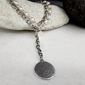 Antique silver chain and pearls round id charm necklace, glamour rock bold link chain phaistos disc large coin pendant, mothersday gift image 5