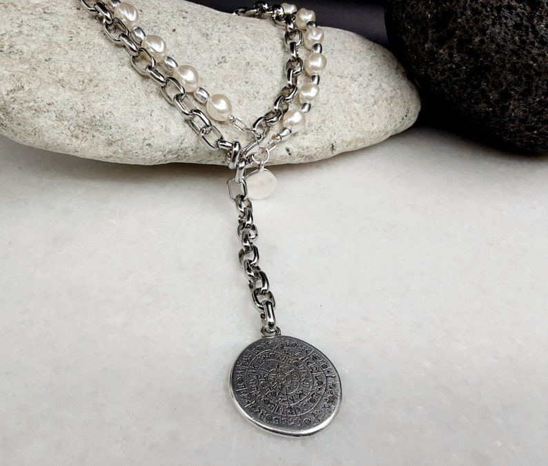 Antique silver chain and pearls round id charm necklace, glamour rock bold link chain phaistos disc large coin pendant, mothersday gift image 5