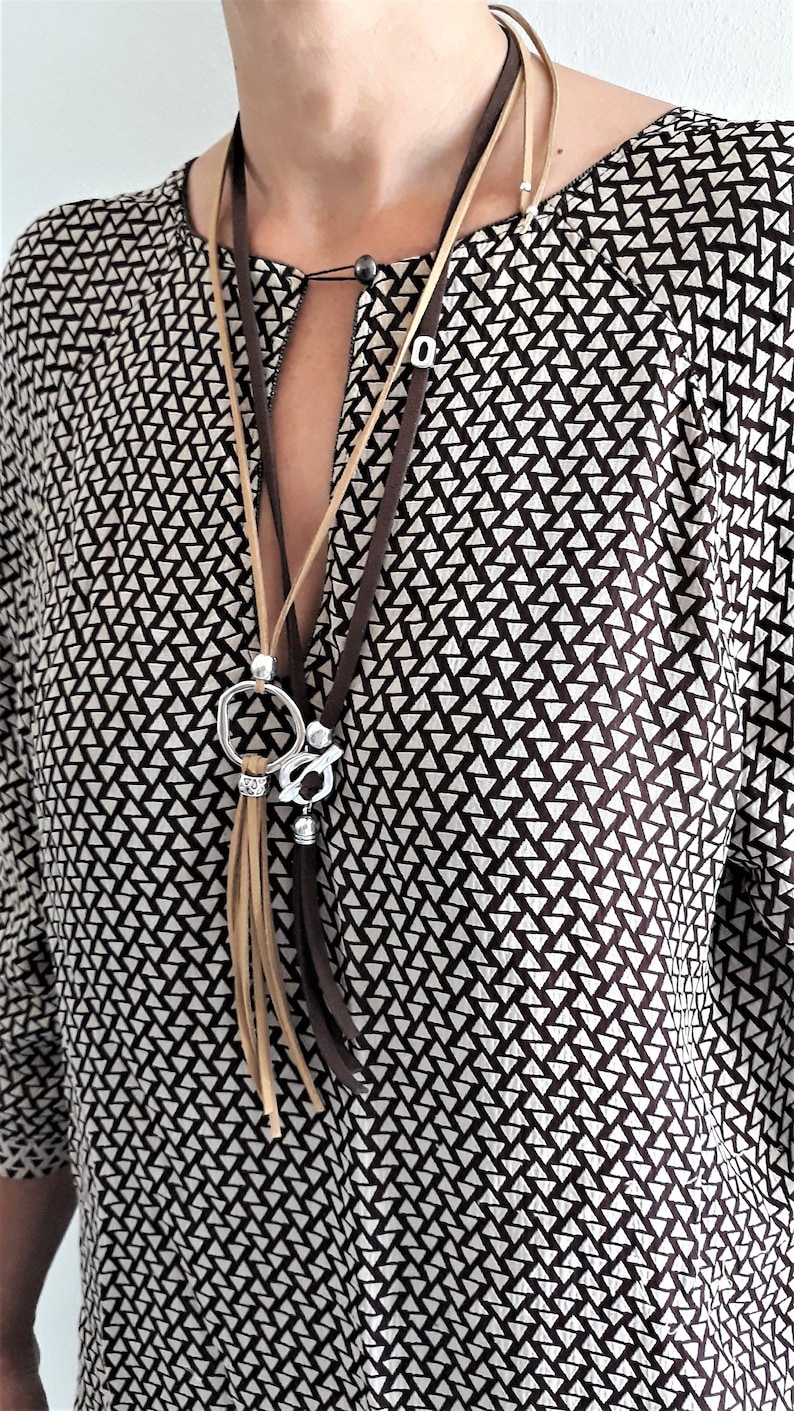 Leather tassel necklace long adjustable necklace with silver pendant womens leather geometric ethnic necklace boho style o ring necklace