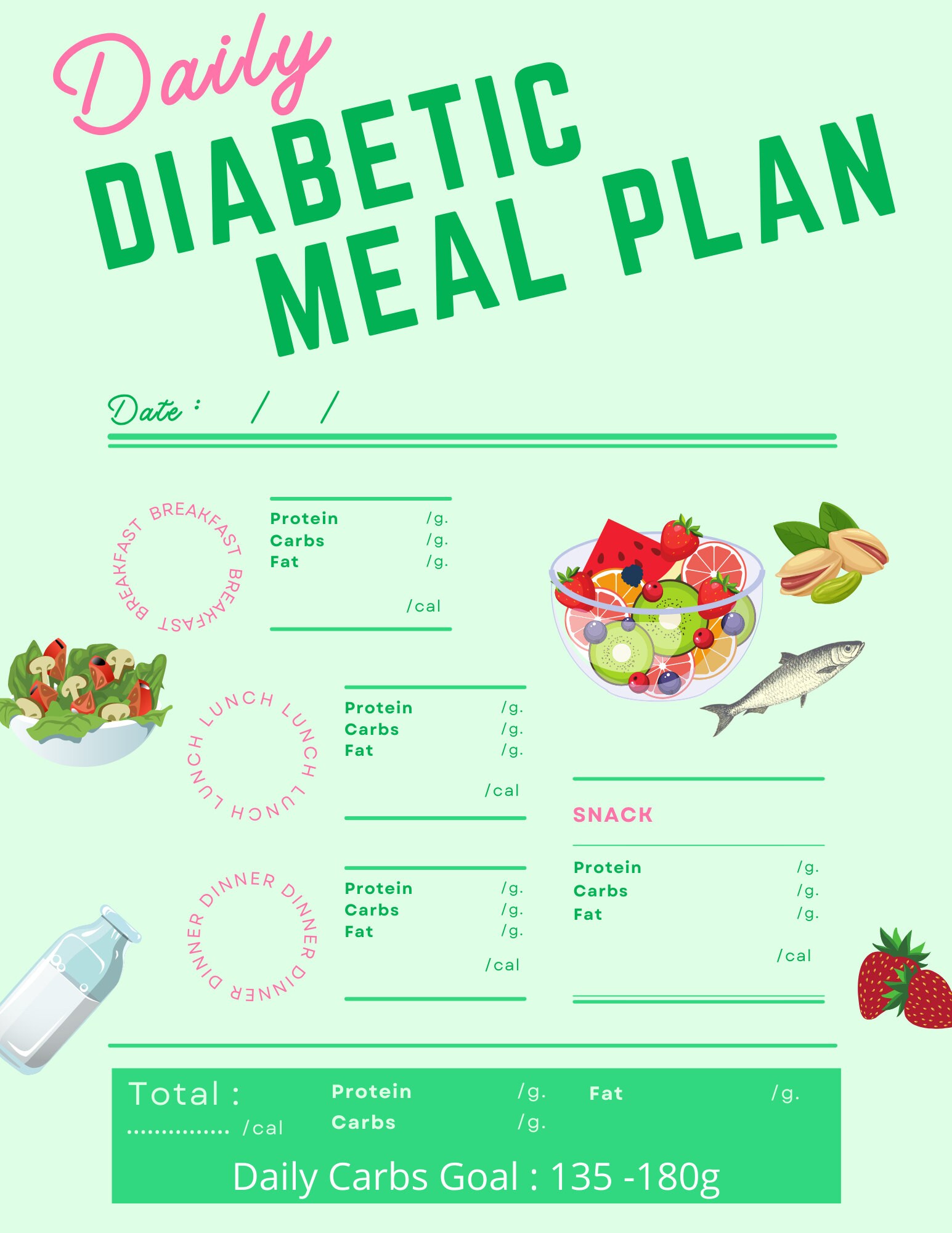 Diabetic Meal Plan Printable Calorie Tracker Carbs Tracker Etsy