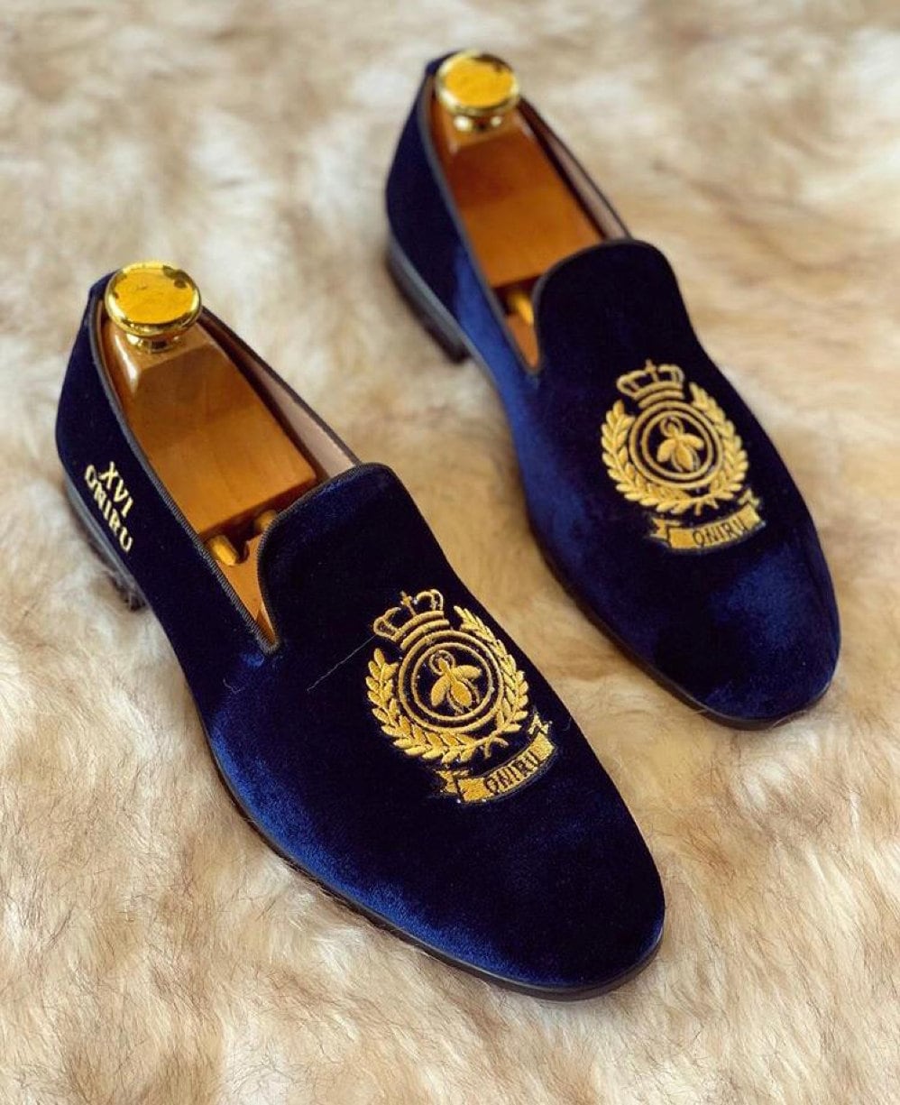 Luxury Velvet Men's Slip On Oxfords Party Loafers Tuxedo Shoes Gold Buckle  Blue