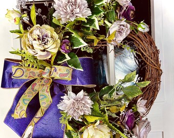 Gorgeous grapevine wreath, peonies, purple bow, gray purple roses, fall wreath, everyday wreath, paisley ribbon
