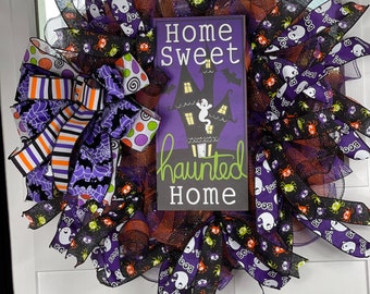 Haunted House wreath for your front porch, Happy Halloween wreath, ghost ribbon, purple and green ribbon, front porch decoration, spooky