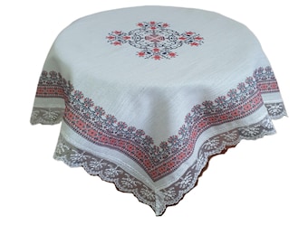 Pequeño mantel individual de lino con encaje, decoración rústica para mesa, verano, cocina, Pascua, decoración para fiestas en el jardín, 32x32 pulgadas.