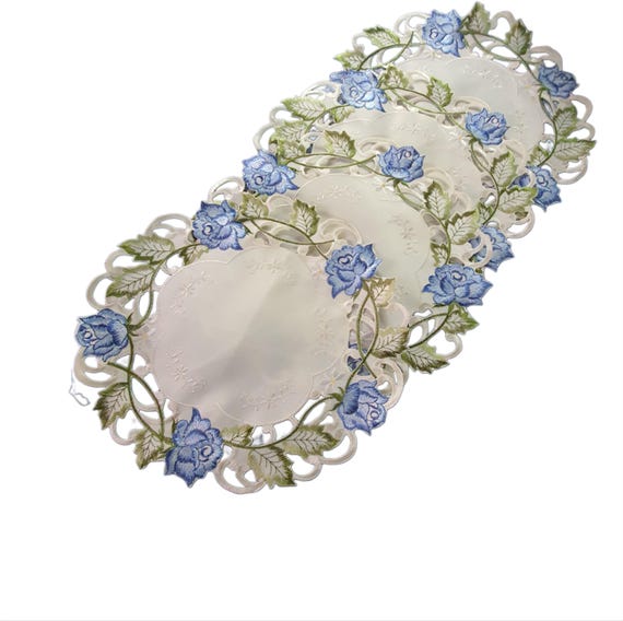 Runde Servietten im Vintage-Stil, schönes Dekor für Ihr Zuhause, schönes Geschenk, blaue Blume, hochwertig, bestickt, Größe 30 cm