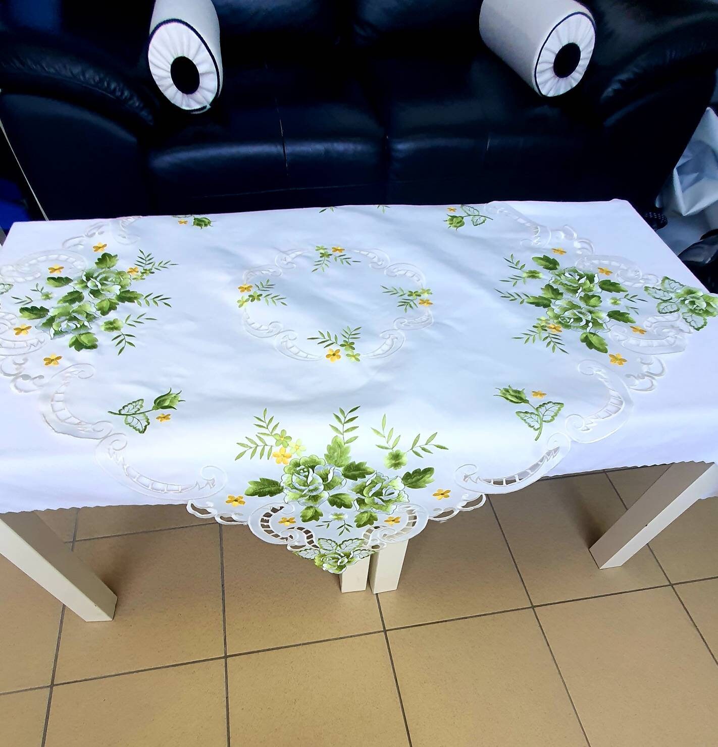 White Table Topper Summer White Table Topper Green Roses, Embroidered Tabletopper, Rustic ...