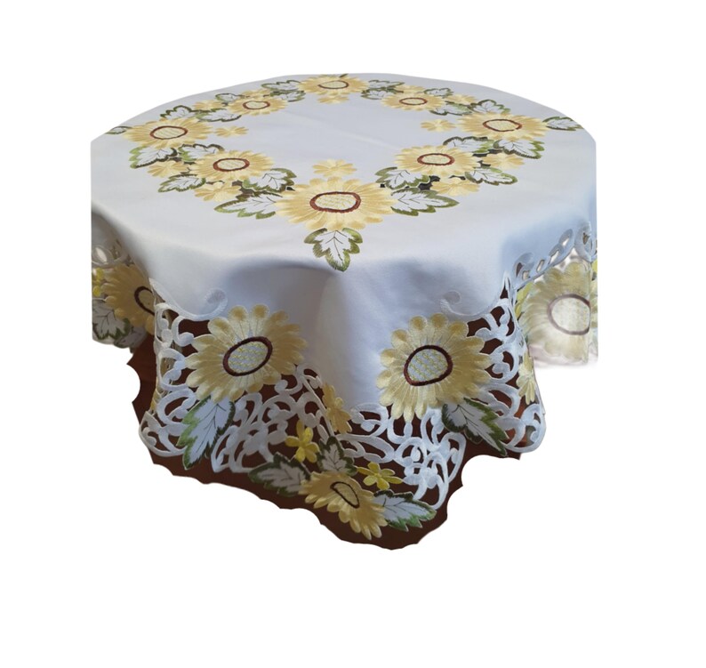 White Table Topper Summer White Table Topper, Yellow Flower, Embroidered, Rustic Table ...