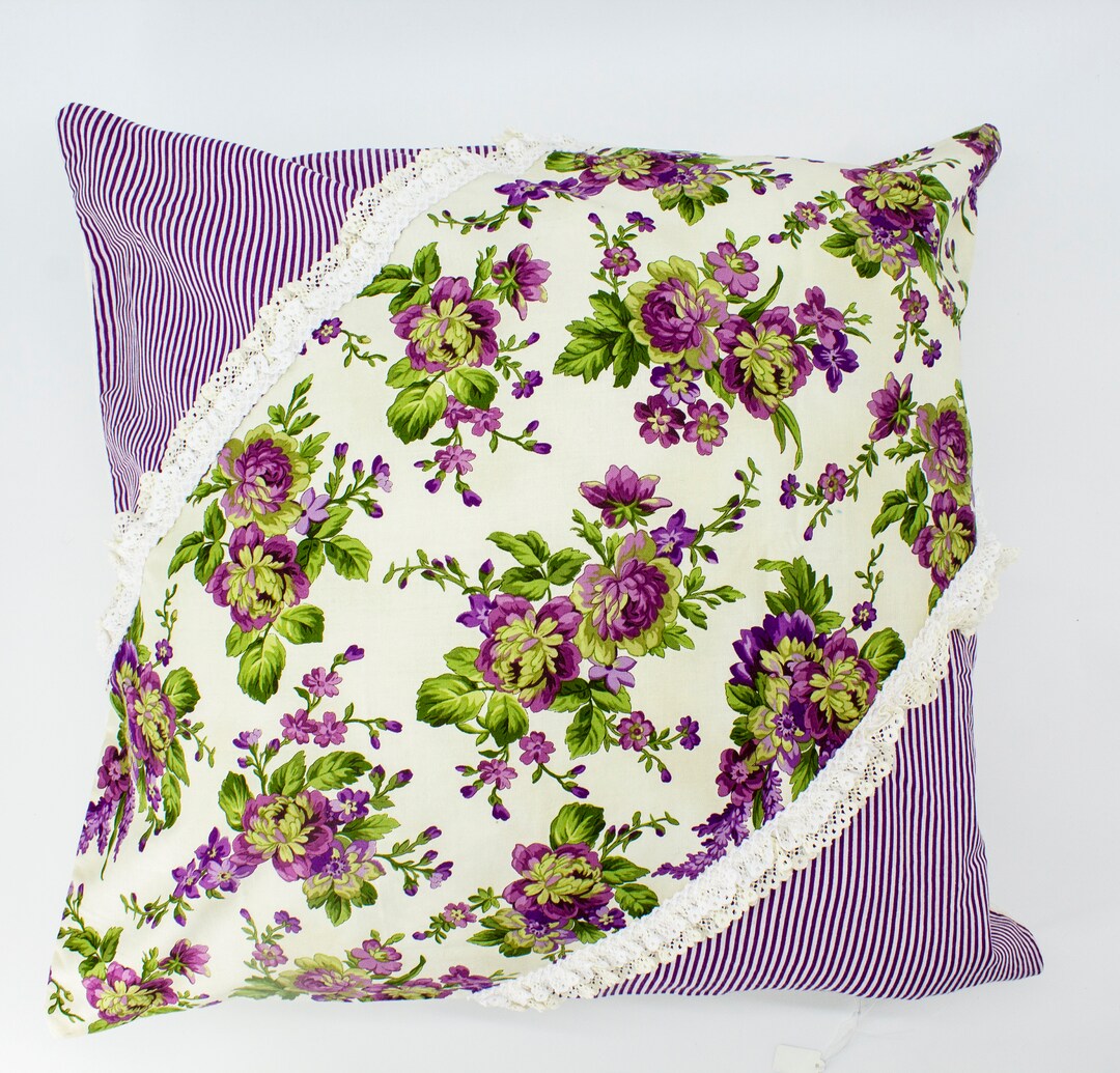 Vintage Pillow, Floral Cotton, White Lace Pillow, Purple Floral Cotton