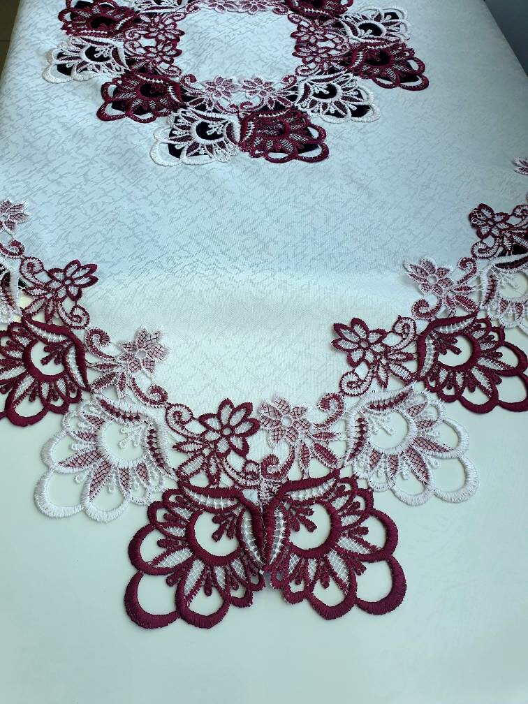 White Table Topper White Table Topper, White Purple Guipure, Centerpiece Guipure Ornament ...