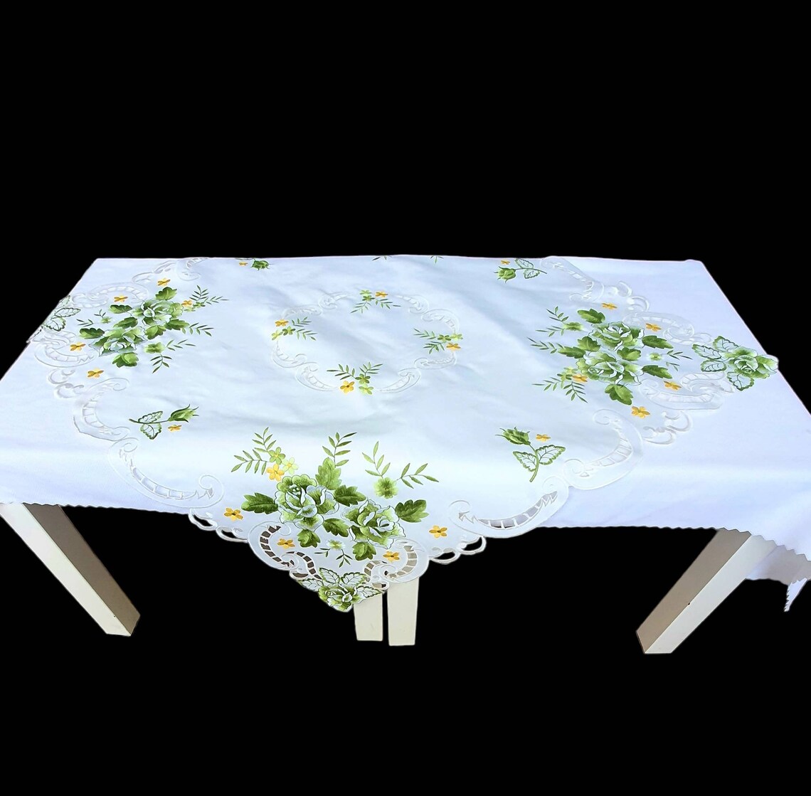 White Table Topper Summer White Table Topper Green Roses, Embroidered Tabletopper, Rustic ...