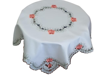Lovely Table Topper Ecri Tablecloth, Embroidered Apricot Flower , Rustic Table Decor, Easter Summer Decor, 34x34", 85x85cm High Quality