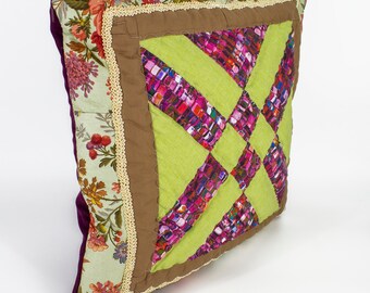 Patchwork decoratief kussen, gewatteerd, katoen, bloemenkatoen, gewatteerd, kussen, 18x18 inch