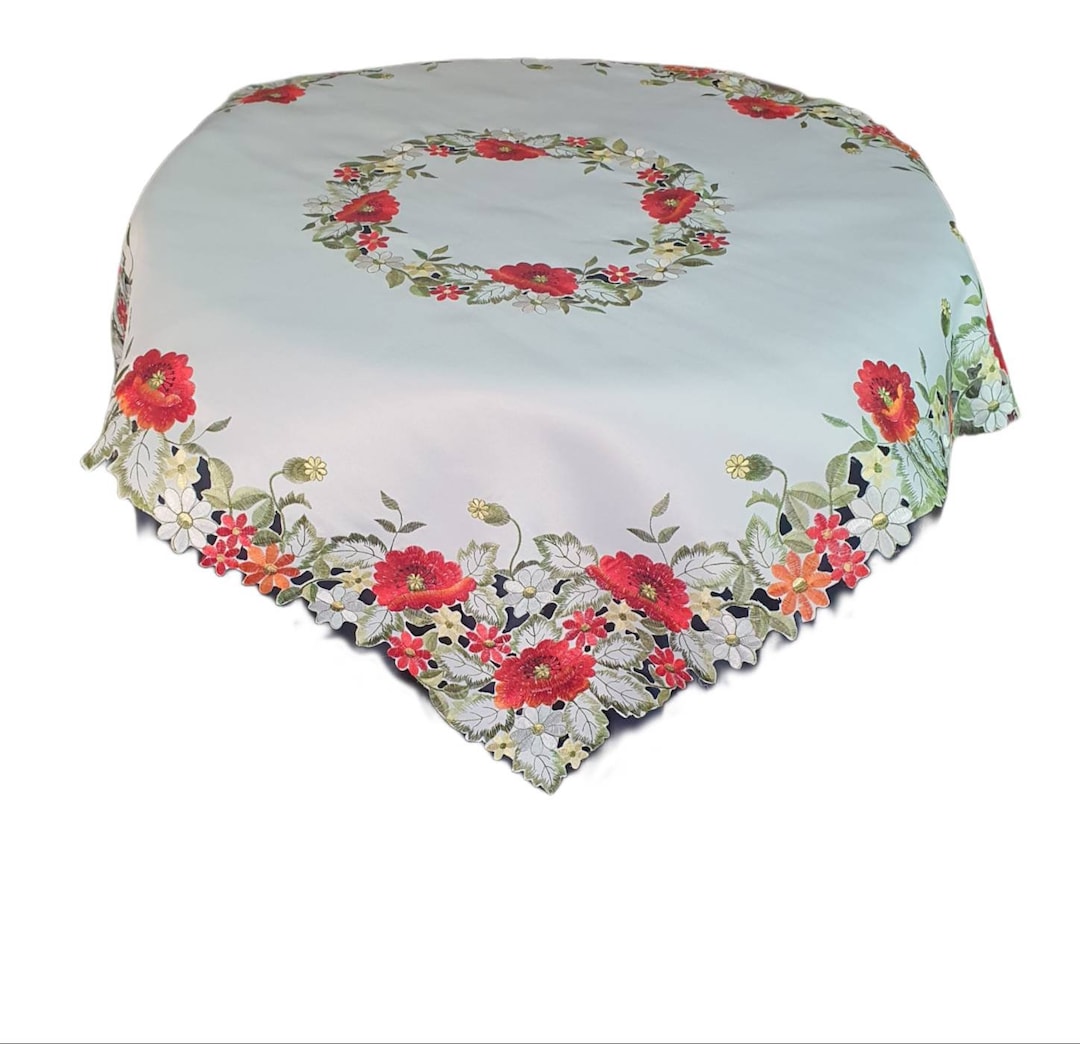 White Table Topper Summer White Table Topper, Red Summer Flower, Embroidered, Rustic Table ...