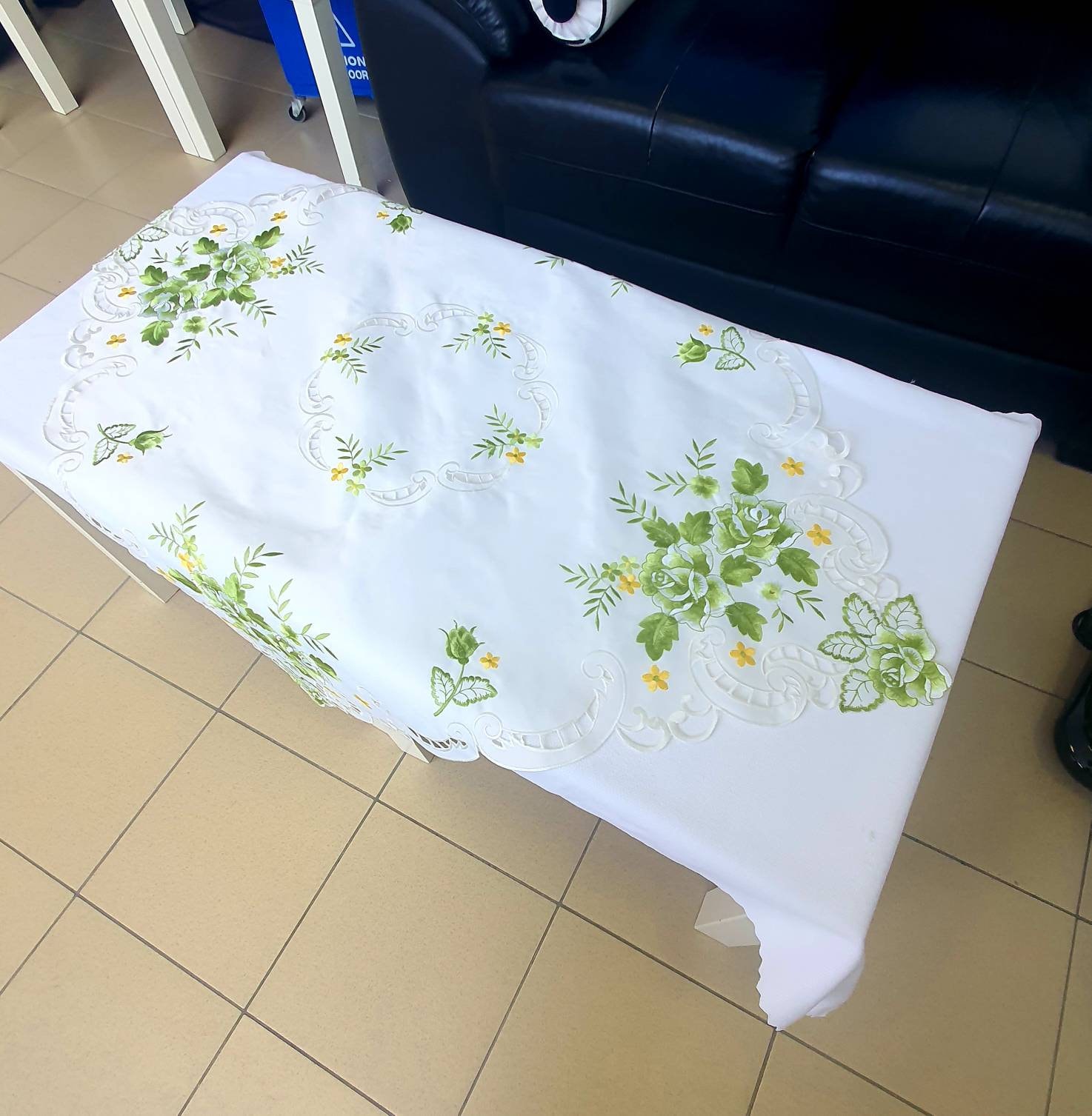 White Table Topper Summer White Table Topper Green Roses, Embroidered Tabletopper, Rustic ...