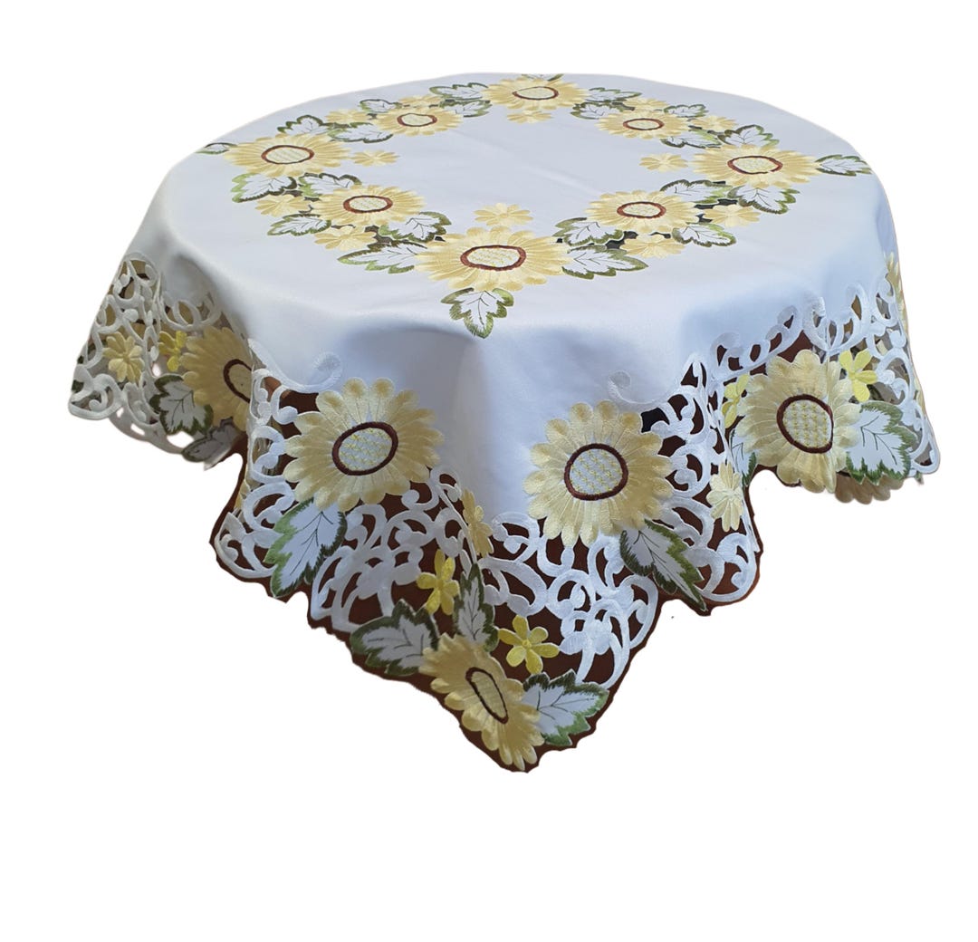 White Table Topper Summer White Table Topper, Yellow Flower, Embroidered, Rustic Table ...