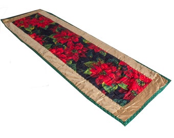 Holiday Runner, Tela metálica dorada, Algodón de flores navideñas, Acolchado, Alta calidad, 16x49 pulgadas, Hecho a mano, 123x38 cm