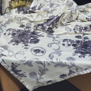 White Jacquard Tablecloth, Grey Flower, Silver Metallic, White Satin Border, Wedding Decor, Easter Christmas Decor, 56x86 inch, 140x215 cm