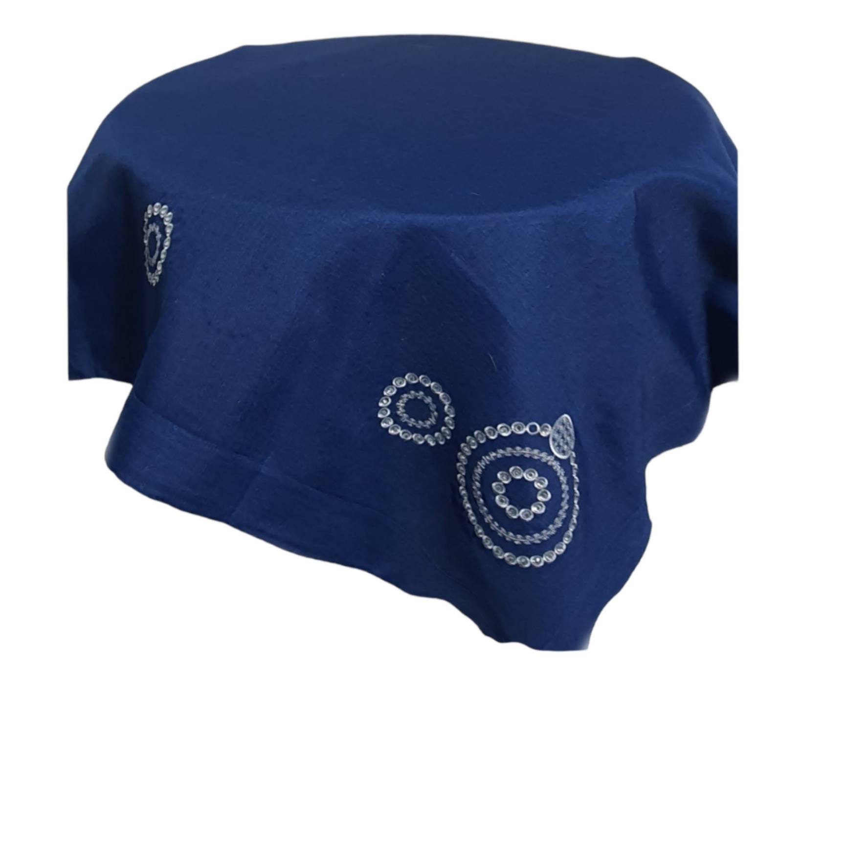 ネイビーブルーのテーブルクロス、エレガントなシルバーメタリック