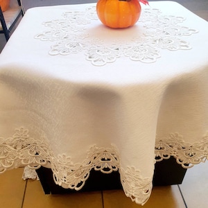 White Round Tablecloth with White Lace, Cotton Guipur, High Quality, Handmade, size 44 inch,110 cm